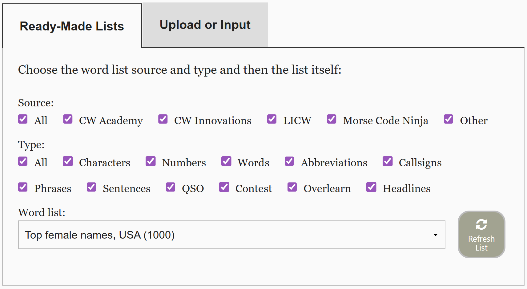 Screenshot of the read-made lists tab
