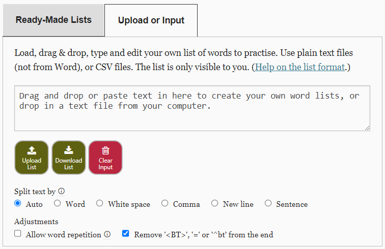 Screenshot of the upload or input tab